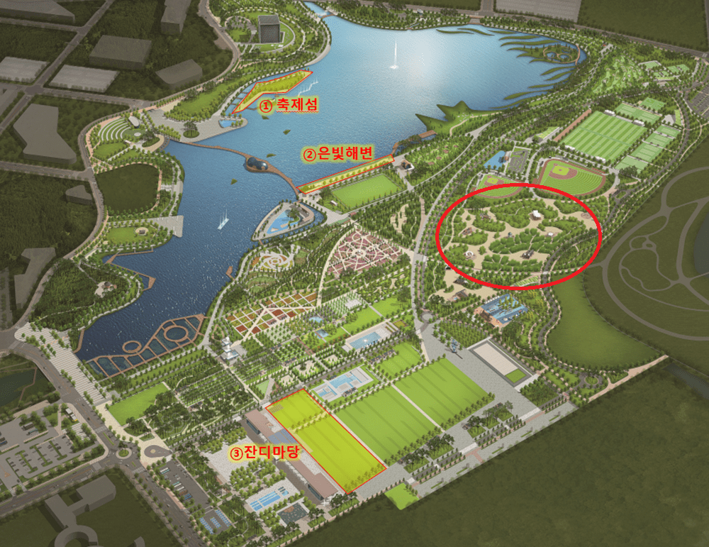 세종 중앙공원 약도. 약도 오른쪽 붉은색 타원형이 세종시가 36홀 규모 파크골프장 조성을 검토하고 있는 곳이다.