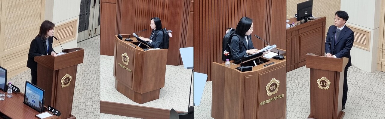 25일 세종시의회 본회의장에서 백윤희 세종시교육청 교육국장(왼쪽)과 천흥빈 세종시 교통국장(오른쪽)에게 배낭형 책가방을 멘 김효숙 시의원(가운데)이 긴급현안질문을 하고 있다. 